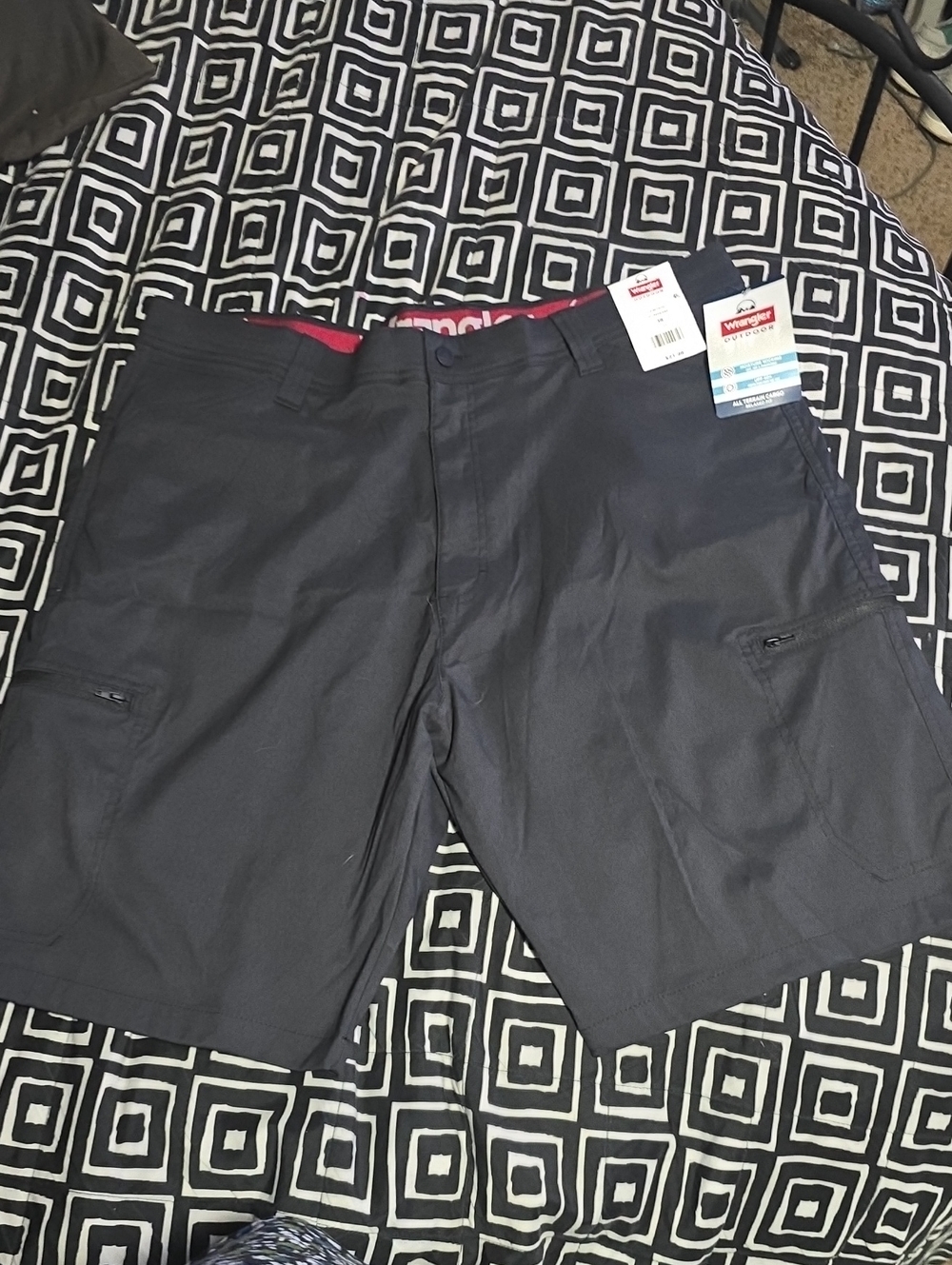 Wrangler Men's Charcoal Cargo Shorts with Red Waistband Trim